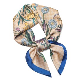 27.5" Silk Scarf of Women's Fashion Head Scarf Square Neck Satin Scarfs for Bag Hair Scarves Gift (Flower/Khaki)