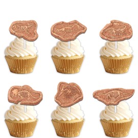 18pcs Brown Glitter Dessert Cupcake Topper Cheer to Ancient Animal Dinosaur Fossil Theme Decor Supplies Men Women Happy Birthday Party Decorations
