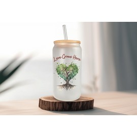 Mugzan Love Grows Here Frosted Glass Can W/ Bamboo Lid 16 Oz Glass Cup by Mugzan