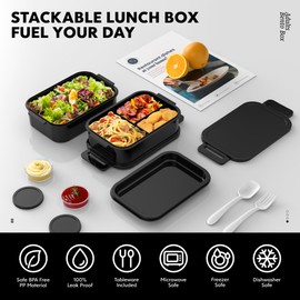 Jelife Adult Bento Box Lunch Box - Large Style Stackable Bento Lunch Box for Adults, 72oz All-in-One 3 Layers Bento Boxes Leak-Proof Lunchbox with Utensil Sauce Containers for Dining Out,Work, Black