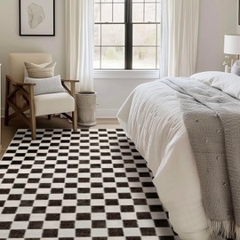EVERGRACE Checkered Plaid Area Rug 9x12, Soft Fuzzy Faux Wool Rugs Washable Anti Slip Rugs Large Rug Carpet for Entryway Bedroom Living Room Hallway Kitchen and Laundry Room, Black and White
