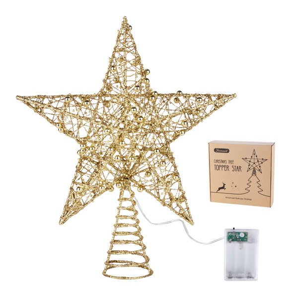 Homewit Glitter Christmas Tree Topper Star Metal Christmas Tree Decoration Topper with Gold Metal Beads for Christmas, Christmas Tree Topper for Your Christmas Tree, 30 cm