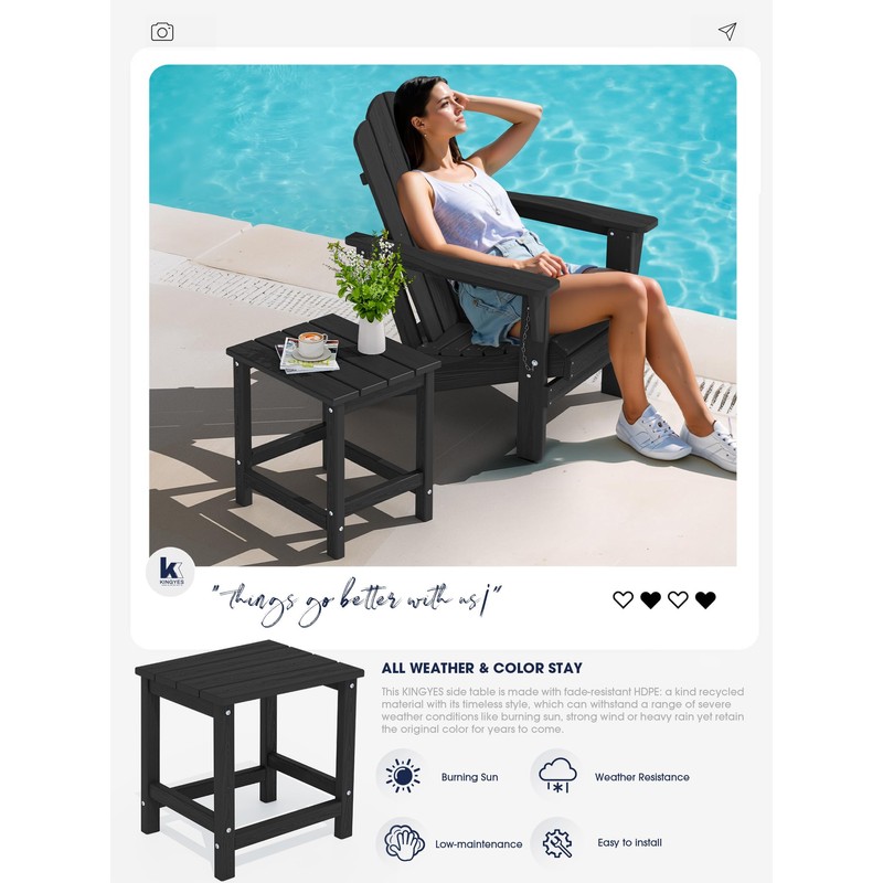 KINGYES Adirondack Side Table, Patio Outdoor Rectangular End Table, Black