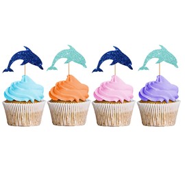 24PCS Dolphin Cupcake Toppers, Ocean Animal Dolphin Cupcake Toppers, Ocean Safari Cupcake Picks for Baby Shower, Dolphin Birthday/Under The Sea Themed Party Decoration - Blue Glitter