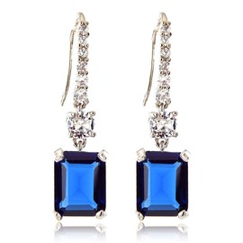 [RIZILIA CLASSIC] Dangle Drop Pierced Swan Hook Earrings with Emerald Cut Gemstones CZ [Blue Sapphire] in 18K White Gold Plated, Simple Modern Elegant