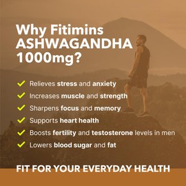 Fitimins Ashwagandha 1000mg - Vegan Friendly Capsules with Withania Somnifera, Reduces Anxiety & Stress and Improves Sleep, Men & Women Non-GMO Supplement (60 x 500mg Capsules)