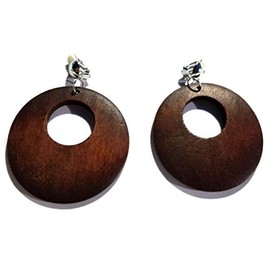 Clip-on Earrings Bohemian Wood Assorted Colors 2.5 inch Hoop Circle Clip (Dark Brown)