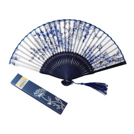 Royal Hong Beauty Pretty Tea Party Bamboo Fans, Handheld Folding Silk Hand Fan, Decorative Chinese Hand Held Folding Fans, Foldable Handheld Fan for Women-Blue and White Porcelain Fans-BLue