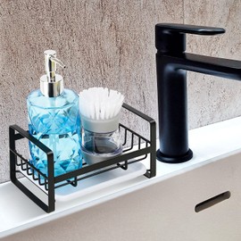 Sponge Soap Holder for Kitchen Sink Caddy Organizer | Dish Sponge and Soap Caddy with Drip Tray | kitchen counter decor stuff Sink Accessories, Black Stainless Steel