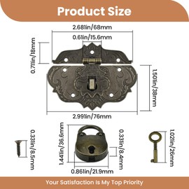ZDRU 2-Set Antique Decorative Hasp Latch Lock Kit Bronze Tone Vintage Embossing Jewelry Box Clasp and Padlock for Wooden Case, Tool Box, Cabinet, Dresser Table, Furniture Decoration