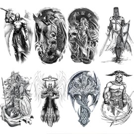 Briyhose Cool Warrior Roman Temporary Tattoo For Men, Large Black Realistic 3D Greek God Gladiator Fake Tattoo Adult Teen Boy, Spartan Knight Lion Cross Temp Tatoo Sticker Half Sleeve Arm Chest Body Art Makeup, 8-Sheet