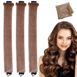 Pack of 3 Heat-Free Curlers, Heat-Free Curling Bands Overnight, Overnight Blowout, Heat-free Curls, Suitable for All Hair Types, Medium to Long Hair, with Scarf (Khaki, L)