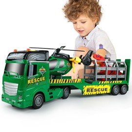 Dwi Dowellin Carrier Truck Kids Toys,25.6" Semi Truck Toy with Helicopter and Dinosaurs,Gifts for Age 3 4 5 6+ Years Old Boys Girls