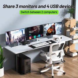 KVM Switch 3 Monitors 2 Computers 8K@60Hz 4K@144Hz, ANGEET HDMI and Displayport KVM Switch Triple Monitor for 2 Computer Share 3 Monitor and 4 USB3.0 Devices, with Wired Remote and Power Adapter