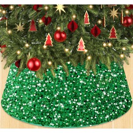 WUPIOS Christmas Tree Collar Shiny Green Sequin Tree Collar 23.6 Inch Glitter Christmas Tree Ring Box Xmas Tree Skirt for Artificial Trees Collar Christmas Tree Stand Base Collar for Christmas Decor