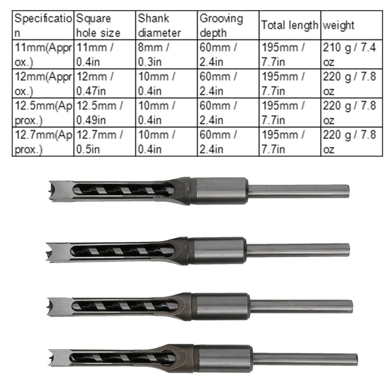 4Pcs Square Hole Drill Bits Woodworking Bearing Steel Wood Drilling
