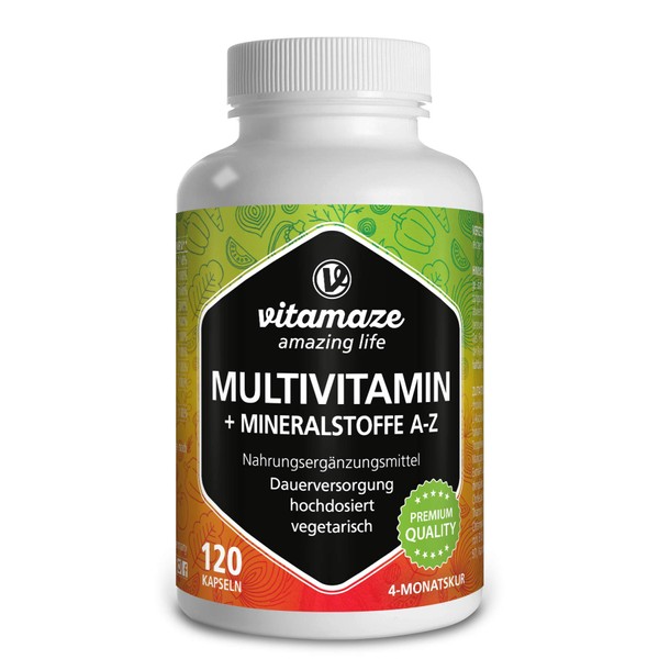 High-Dose Multivitamin Capsules, 23 Valuable A-Z Vitamins and Minerals, 120 Vegetarian Capsules for 4 Months, Vitamins, Minerals and Trace Elements Optimally Combined, Supplement Without Additives