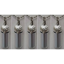 Pasco Specialty Products Set of Five Engraved Silver Paws on Heart Cremation URNS - Includes 24" Ball-Chains, Velvet Pouches and Fill Kit - Made in The USA