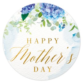 Mobiusea Creation Blue Floral Mothers Day Stickers | 135-Pack | 1.4 inch | Gold Foil | Happy Mothers Day Stickers | Happy Mother's Day Labels