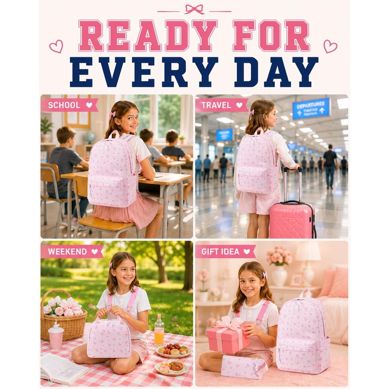 CAMTOP Girls Backpack with Lunch Box Set, Cute Bow School