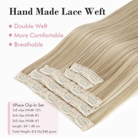 REECHO Clip in Hair Extensions, Hair Extensions Thick Long Lace Weft Lightweight Synthetic Hairpieces for Women (24 Inch-240 Gram(Pack of 5), Ash Brown with Blonde Highlights)