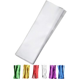 Nobranded 100 pcs Clear 3" x 11" Flat Cello Cellophane Bags Poly Treat Bags 2.8 mils for Gift Wrapping, Bakery, Cookie, Candies, Toast, Dessert, Party Favors Packaging with Color Twist Ties