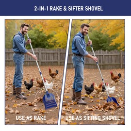 Chicken Poop Scooper & Rake 2-in-1 Chicken Coop Scoop 3-Shape Sifting Holes Chicken Coop Rake 39 to 68" Adjustable Stainless Steel Handle Litter Shovel for Chicken Coops & Small Farm Animals
