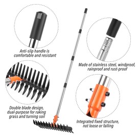 Lmaytech Garden Thatch Rake for Lawn, Heavy Duty Metal Thatching rake with Strong Handle, Wide 15inch Iron Dethatcher Rakes for Yard Leaf & Weed Clean, Soil Loose, Grass Groom