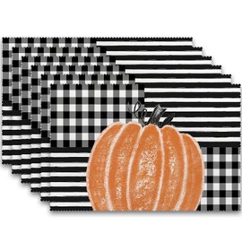 Aremetop Buffalo Plaid Striped Pumpkins Fall Placemats Set of 6, 12x18 Inch Seasonal Farmhouse Autumn Table Place Mats for Thanksgiving Party Kitchen Dining Decoration (Orange Pumpkin)