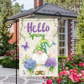 BlissYard Spring Garden Flag Spring Yard Flag Adorable Gnome with Hydrangeas "Hello Spring" Backdrop Design Double-Sided 12x18 Inches Garden Decor Yard Flag for Outdoor Seasonal Decor