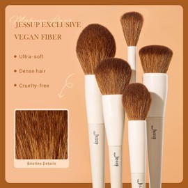 Jessup Set Brochas de Maquillaje,5pcs Pinceles Maquillaje Facial de Vegana para Base,Colorete,Bronceador,Contorno,Resaltador,Pincel para Polvo Esponjosa,Gris Claro T493