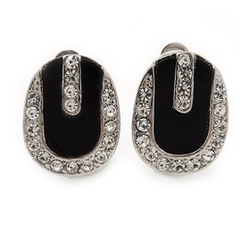 15mm/ Oval Black Enamel Diamante Clip On Earrings/Silver Tone Metal