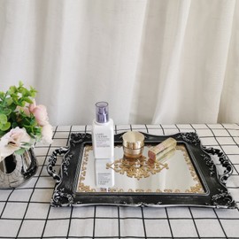 YANIZU Decorative Mirror Tray, Floral Vanity Organizer for Makeup, Jewelry, Perfume, Vintage Rectangular Display and Serving Tray for Dresser, Counter and Coffee Table, 9.5"x14.9", Silver Black