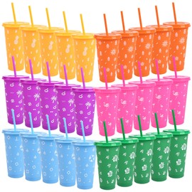 VISTARAFT 30PCS 24oz Tropical Party Cups with Lids and Straws – 6 Colors Reusable Plastic Tumbler Cups for Luau, Pool, Beach, Tiki, and Hawaiian Party Decorations & Favors
