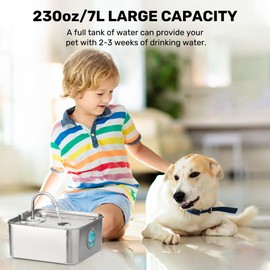 FUKUMARU Dog Water Fountain - 1.8 Gal/7L Stainless Steel Automatic Cat Water Fountains with Quiet Pump & 3 Filters - Multi-Pet Hydration Station for Cats, Dogs