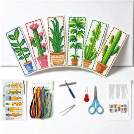 Zhenqing - Juego de 6 marcadores de punto de cruz botánico – Paño Aida de 11 quilates de 11 x 18.5 pulgadas, diseños preimpresos de plantas de 6 x 20 cm, hilo y agujas, marcadores florales para