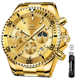 OLEVS Watches for Men Business Dress Big Face Classic Analog Quartz Gold Chronograph Multifunction Stainless Steel Calendar Waterproof Luminous Mens Wrist Watches