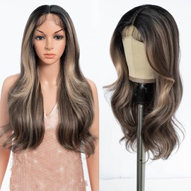 Style Icon Wig Transparent Lace Front Wigs Pre Plucked Glueness Wig 24 Inch Long Synthetic Wigs for Women 4 Inches Middle Parting Baby Hair (NTPDHL 1B/8/26R)