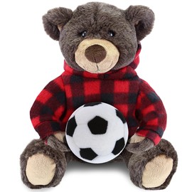 DolliBu Brown Bear Stuffed Animal with Soccer Ball Plush and Red Plaid Hoodie - Super Soft Grizzly Bear Plush Toy, Cute Teddy Bear Gift for Kids and Adults - 10 Inch
