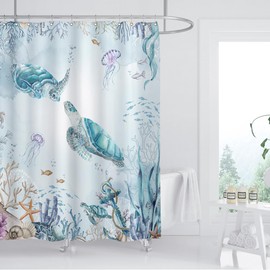 ZXMBF Watercolor Sea Turtle Shower Curtain 72Lx60W Inch Blue Teal Ocean Coastal Colorful Underwater Fish Jellyfish Starfish Shell Fabric Home Bathroom Waterproof Fabric with Plastic 12PCS Hooks