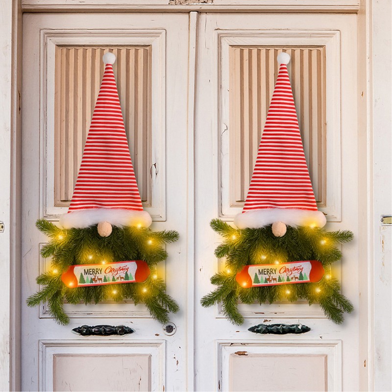 Upside Down Xmas Wreath Striped Tall Hat Faceless Doll Light