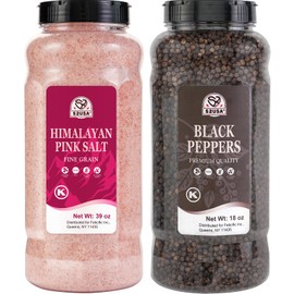 52USA Whole Black Peppercorns 18 oz + Himalayan Pink Salt (Fine Grain) 39 oz, Salt and Pepper Grinder, Black Peppercorn Refil, Kosher, Pink Himalayan Sea Salt, 2 Piece Set