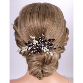 Teyglen Bride Crystal Wedding Hair Comb Pearl Bridal Headpiece Sparkly Silver Purple Rhinestone Pearl Hair Side Comb Handmade Crystal Hair Piece Hair Accessories for Women (Silver-Purple)