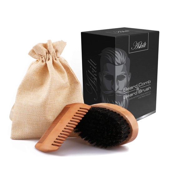 Beard Comb & Beard Brush Set Natural Boar Bristle Brush and Dual Action Pear Wood Comb to Spread Balm or Oil for Growth - Softness Exfoliates Skin Helps Softening and Conditioning