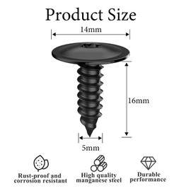 WZYTEU Pack of 60 Flat Head Tapping Screws, M5 × 16 mm Flat Head Screws for Car Mudguards Wheel Arches, Grille for Bumper (Black)