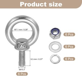 sourcing map Lifting Shoulder Eye Bolt M4 x 9.3 mm, 304 Stainless Steel Ring Shape Male Thread Eyebolt with Nuts Washers for Engineering Port Marine Hanging Pack of 10
