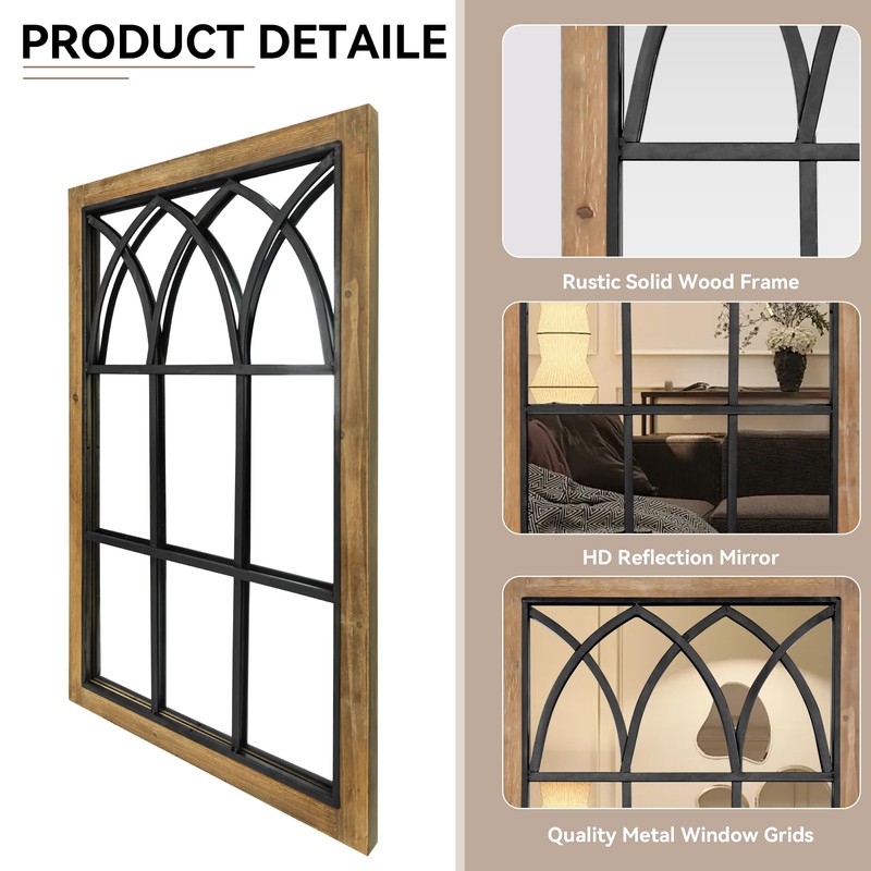 Oakrain Rustic Window Mirror for Wall Decor, 24”x37” Wood Frame
