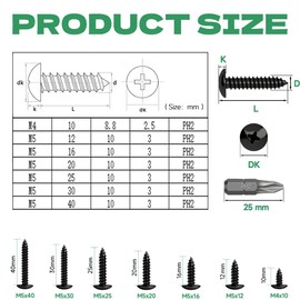 HXJDAM 170 Pcs Round Head Self Tapping Screws, M4 x 10mm Black Wood Screws, Black Self Tapping Screws, Truss Head Self Drilling Screws for Wood, Sheet Metal, Plastic, With PH2 Drill Bit
