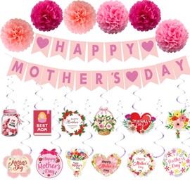 Mother's Day Decorations Set - Happy Mother's Day Glitter Banner, 6Pcs Paper Pom Poms, 14Pcs Hanging Swirls with Flower Cutouts - Pink Floral Party Supplies for Home, Office, Classroom