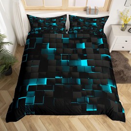 Teal And Black Bedding Sets Single,Neon Turquoise Geometric Check Comforter Cover For Kids Boys Girls Adults Stereoscopic Abstract Plaid Grids Duvet Cover Geometry Square Quilt Cover